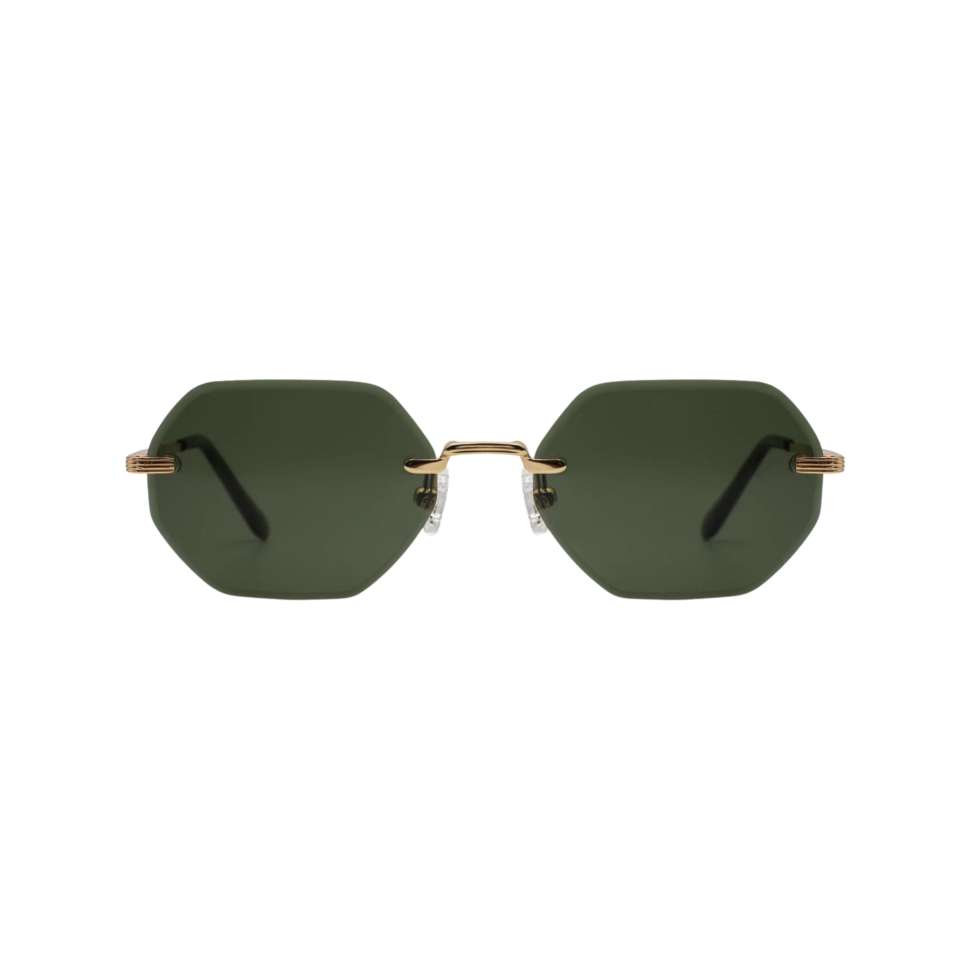 Gafas de sol con lentes verdes y montura dorada, estilo moderno y elegante